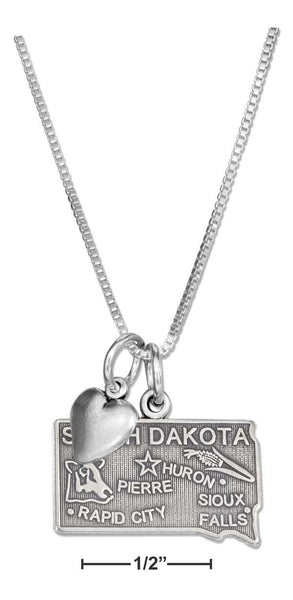Sterling Silver 18" South Dakota State Pendant Necklace with Heart Charm