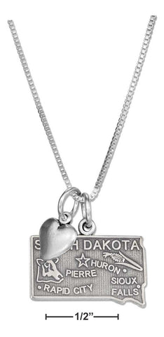 Sterling Silver 18" South Dakota State Pendant Necklace with Heart Charm